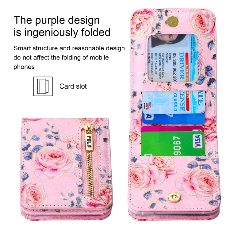 For Samsung Galaxy Z Flip5 POLA Rose Pattern Multi-Card Slots Zipper Wallet Phone Case(Pink) - Galaxy Z Flip5 Cases by POLA | Online Shopping UK | buy2fix