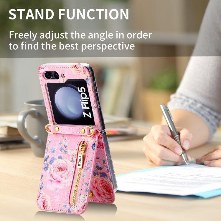 For Samsung Galaxy Z Flip5 POLA Rose Pattern Multi-Card Slots Zipper Wallet Phone Case(Pink) - Galaxy Z Flip5 Cases by POLA | Online Shopping UK | buy2fix