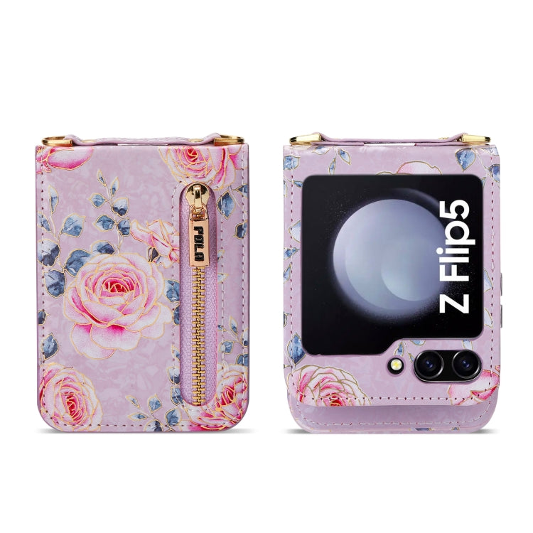 For Samsung Galaxy Z Flip5 POLA Rose Pattern Multi-Card Slots Zipper Wallet Phone Case(Purple) - Galaxy Z Flip5 Cases by POLA | Online Shopping UK | buy2fix