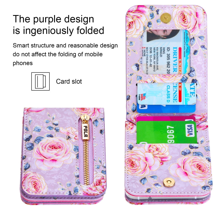 For Samsung Galaxy Z Flip5 POLA Rose Pattern Multi-Card Slots Zipper Wallet Phone Case(Purple) - Galaxy Z Flip5 Cases by POLA | Online Shopping UK | buy2fix
