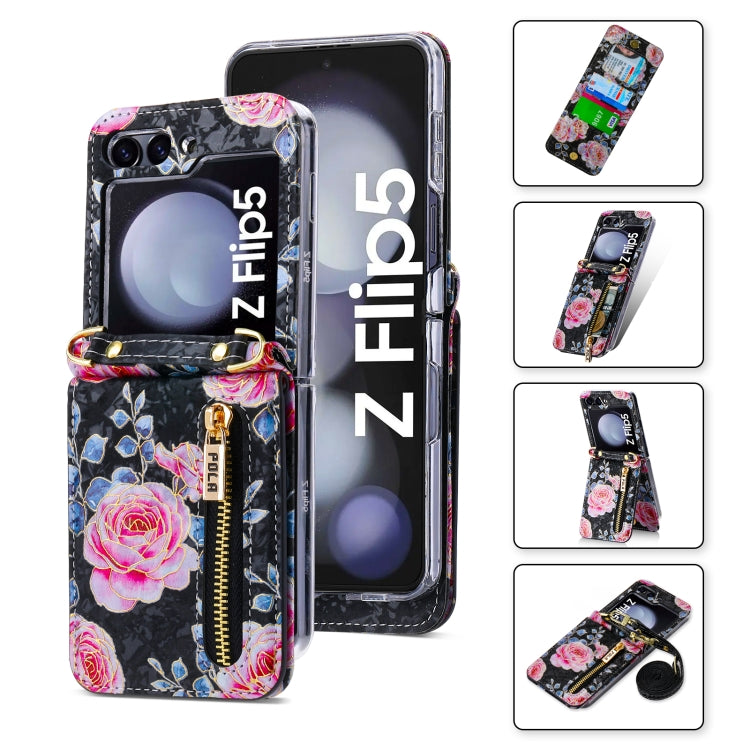 For Samsung Galaxy Z Flip5 POLA Rose Pattern Multi-Card Slots Zipper Wallet Phone Case(Black) - Galaxy Z Flip5 Cases by POLA | Online Shopping UK | buy2fix
