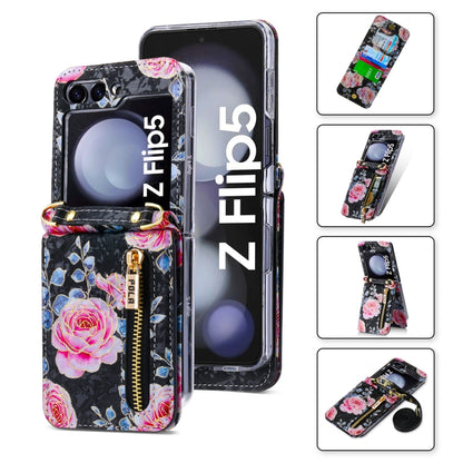 For Samsung Galaxy Z Flip5 POLA Rose Pattern Multi-Card Slots Zipper Wallet Phone Case(Black) - Galaxy Z Flip5 Cases by POLA | Online Shopping UK | buy2fix