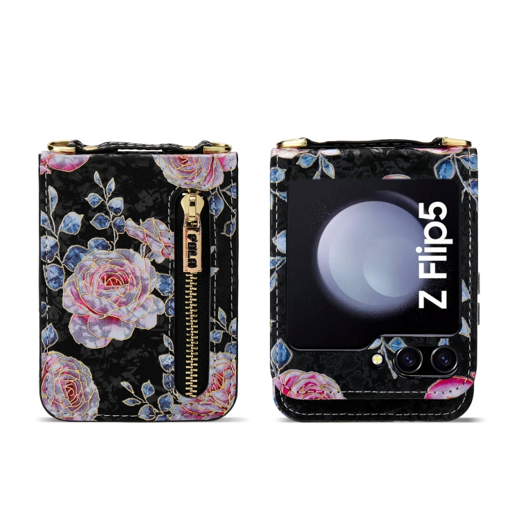 For Samsung Galaxy Z Flip5 POLA Rose Pattern Multi-Card Slots Zipper Wallet Phone Case(Black) - Galaxy Z Flip5 Cases by POLA | Online Shopping UK | buy2fix