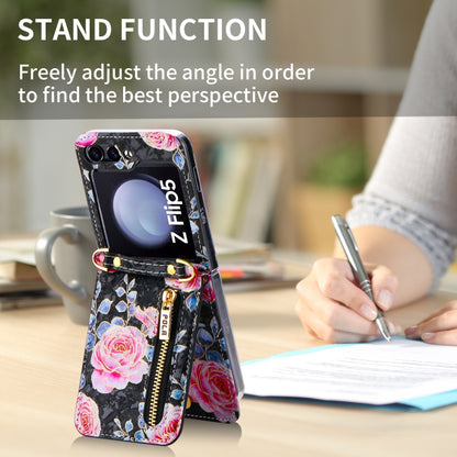 For Samsung Galaxy Z Flip5 POLA Rose Pattern Multi-Card Slots Zipper Wallet Phone Case(Black) - Galaxy Z Flip5 Cases by POLA | Online Shopping UK | buy2fix