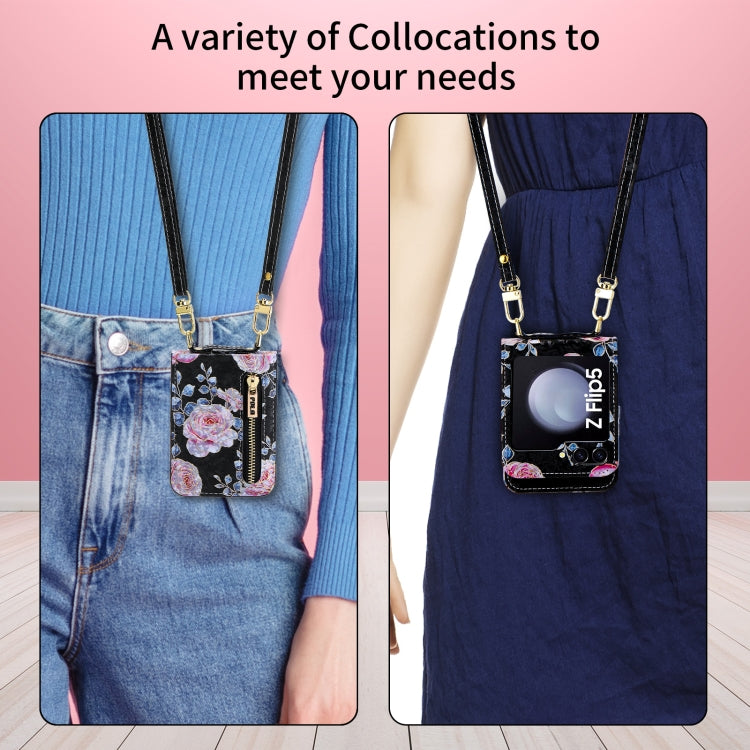 For Samsung Galaxy Z Flip5 POLA Rose Pattern Multi-Card Slots Zipper Wallet Phone Case(Black) - Galaxy Z Flip5 Cases by POLA | Online Shopping UK | buy2fix