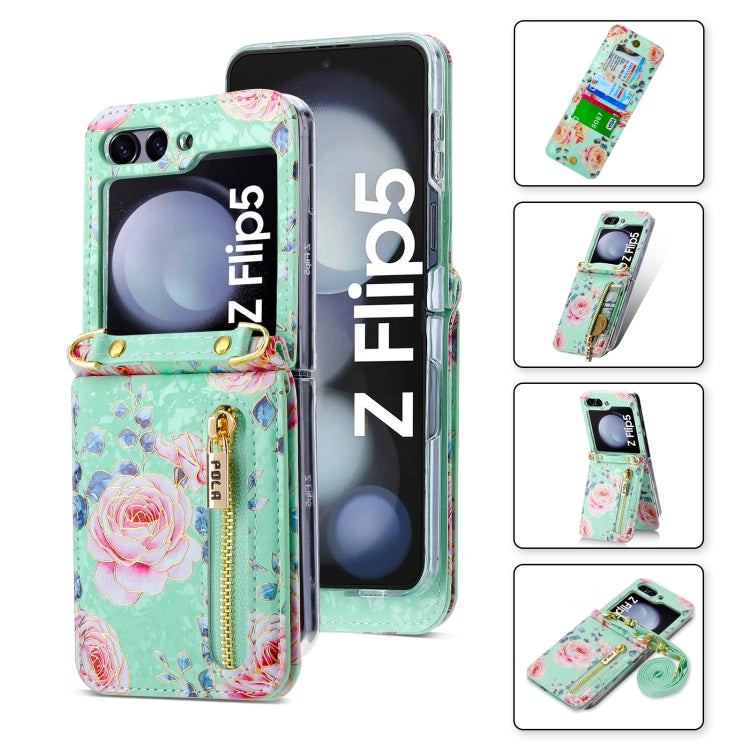 For Samsung Galaxy Z Flip5 POLA Rose Pattern Multi-Card Slots Zipper Wallet Phone Case(Cyan) - Galaxy Z Flip5 Cases by POLA | Online Shopping UK | buy2fix