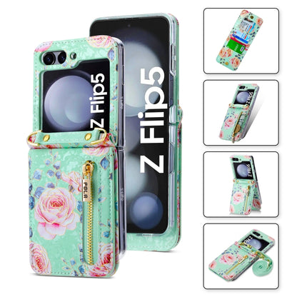 For Samsung Galaxy Z Flip5 POLA Rose Pattern Multi-Card Slots Zipper Wallet Phone Case(Cyan) - Galaxy Z Flip5 Cases by POLA | Online Shopping UK | buy2fix