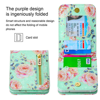 For Samsung Galaxy Z Flip5 POLA Rose Pattern Multi-Card Slots Zipper Wallet Phone Case(Cyan) - Galaxy Z Flip5 Cases by POLA | Online Shopping UK | buy2fix