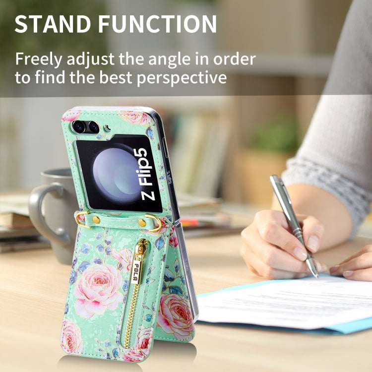 For Samsung Galaxy Z Flip5 POLA Rose Pattern Multi-Card Slots Zipper Wallet Phone Case(Cyan) - Galaxy Z Flip5 Cases by POLA | Online Shopping UK | buy2fix