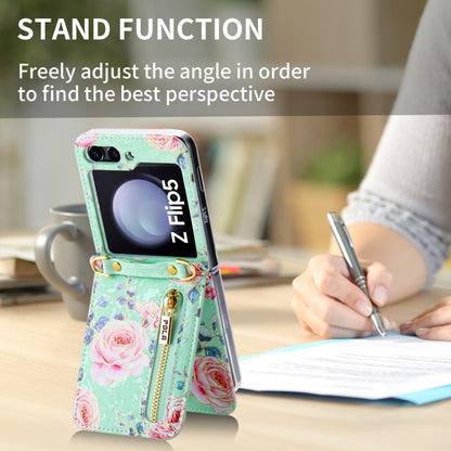 For Samsung Galaxy Z Flip5 POLA Rose Pattern Multi-Card Slots Zipper Wallet Phone Case(Cyan) - Galaxy Z Flip5 Cases by POLA | Online Shopping UK | buy2fix
