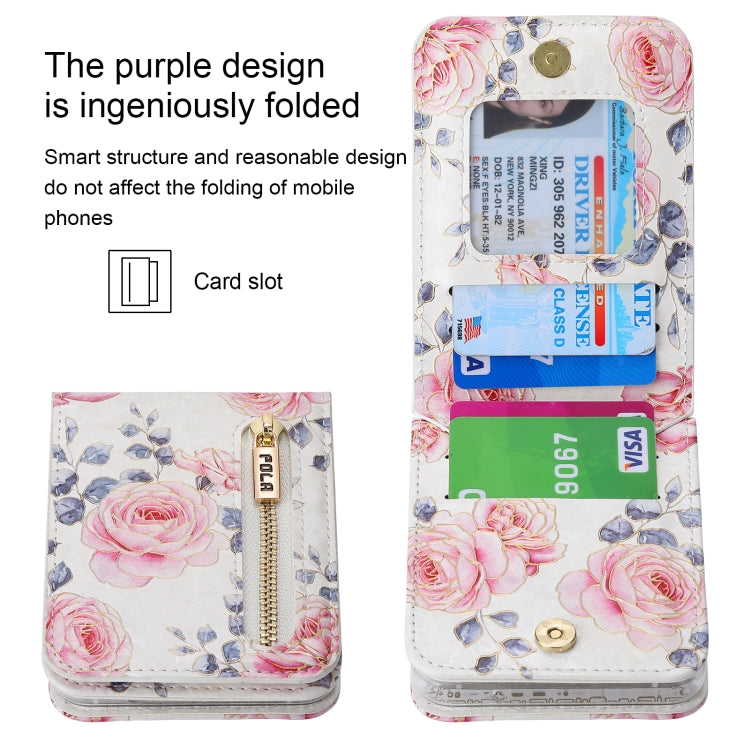 For Samsung Galaxy Z Flip4 POLA Rose Pattern Multi-Card Slots Zipper Wallet Phone Case(White) - Galaxy Z Flip4 5G Cases by POLA | Online Shopping UK | buy2fix