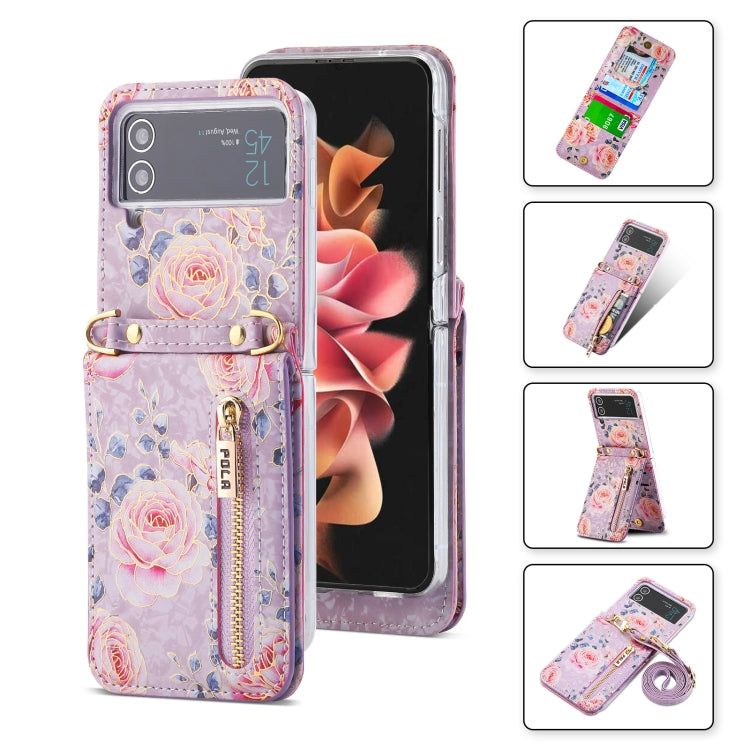 For Samsung Galaxy Z Flip4 POLA Rose Pattern Multi-Card Slots Zipper Wallet Phone Case(Purple) - Galaxy Z Flip4 5G Cases by POLA | Online Shopping UK | buy2fix