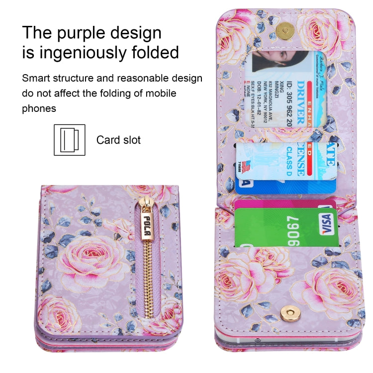 For Samsung Galaxy Z Flip4 POLA Rose Pattern Multi-Card Slots Zipper Wallet Phone Case(Purple) - Galaxy Z Flip4 5G Cases by POLA | Online Shopping UK | buy2fix