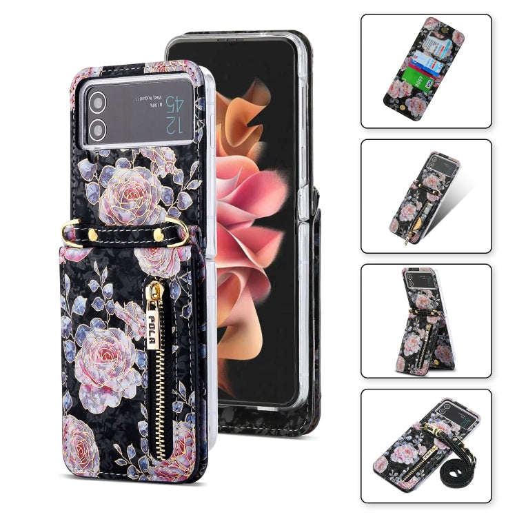 For Samsung Galaxy Z Flip4 POLA Rose Pattern Multi-Card Slots Zipper Wallet Phone Case(Black) - Galaxy Z Flip4 5G Cases by POLA | Online Shopping UK | buy2fix