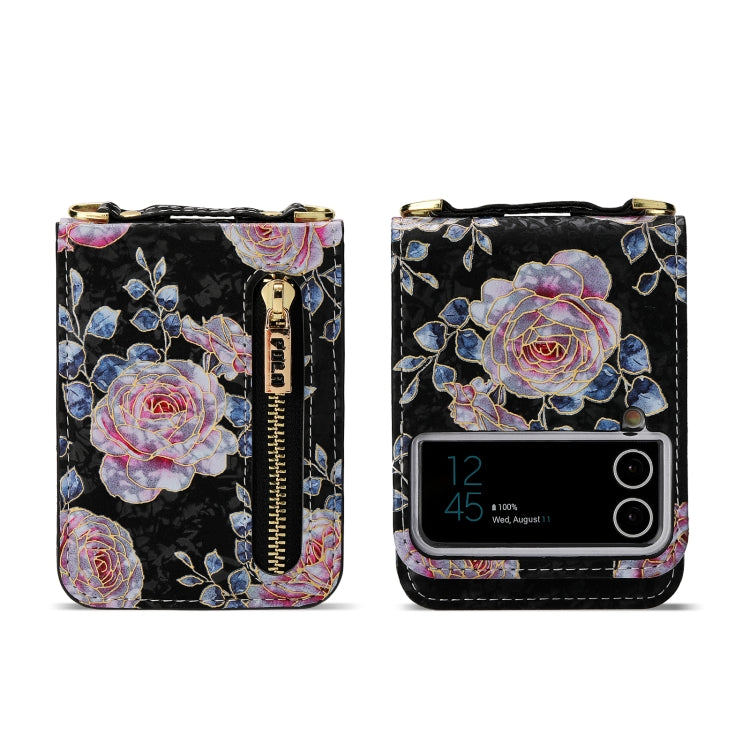 For Samsung Galaxy Z Flip4 POLA Rose Pattern Multi-Card Slots Zipper Wallet Phone Case(Black) - Galaxy Z Flip4 5G Cases by POLA | Online Shopping UK | buy2fix