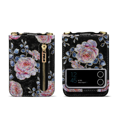 For Samsung Galaxy Z Flip4 POLA Rose Pattern Multi-Card Slots Zipper Wallet Phone Case(Black) - Galaxy Z Flip4 5G Cases by POLA | Online Shopping UK | buy2fix