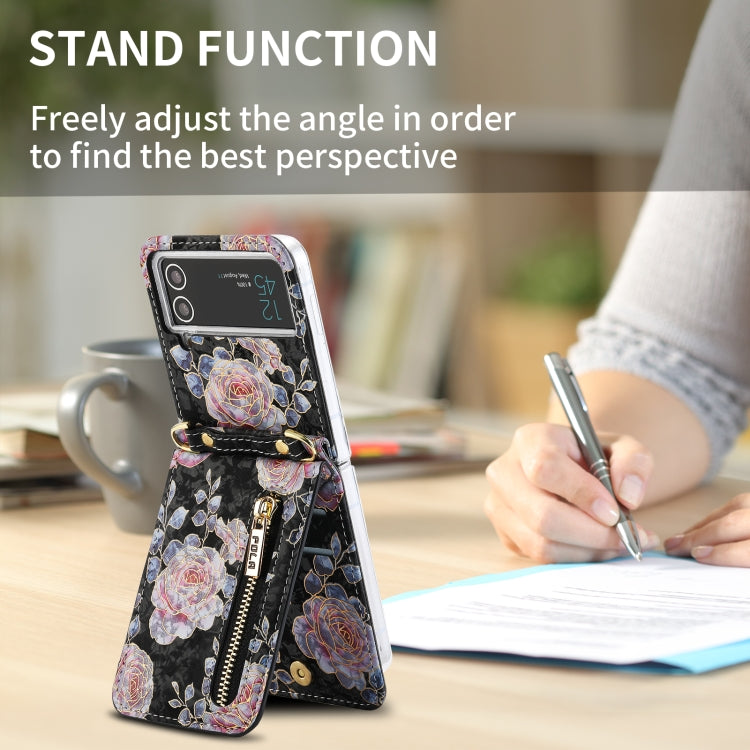 For Samsung Galaxy Z Flip4 POLA Rose Pattern Multi-Card Slots Zipper Wallet Phone Case(Black) - Galaxy Z Flip4 5G Cases by POLA | Online Shopping UK | buy2fix