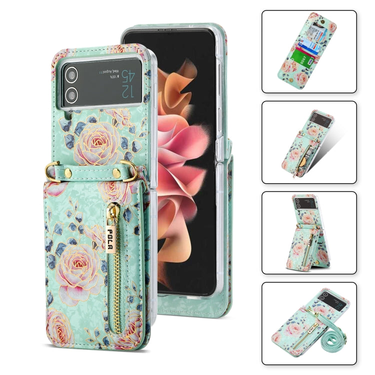 For Samsung Galaxy Z Flip4 POLA Rose Pattern Multi-Card Slots Zipper Wallet Phone Case(Cyan) - Galaxy Z Flip4 5G Cases by POLA | Online Shopping UK | buy2fix
