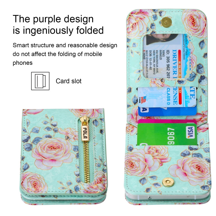 For Samsung Galaxy Z Flip4 POLA Rose Pattern Multi-Card Slots Zipper Wallet Phone Case(Cyan) - Galaxy Z Flip4 5G Cases by POLA | Online Shopping UK | buy2fix
