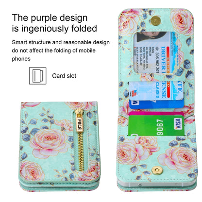 For Samsung Galaxy Z Flip4 POLA Rose Pattern Multi-Card Slots Zipper Wallet Phone Case(Cyan) - Galaxy Z Flip4 5G Cases by POLA | Online Shopping UK | buy2fix