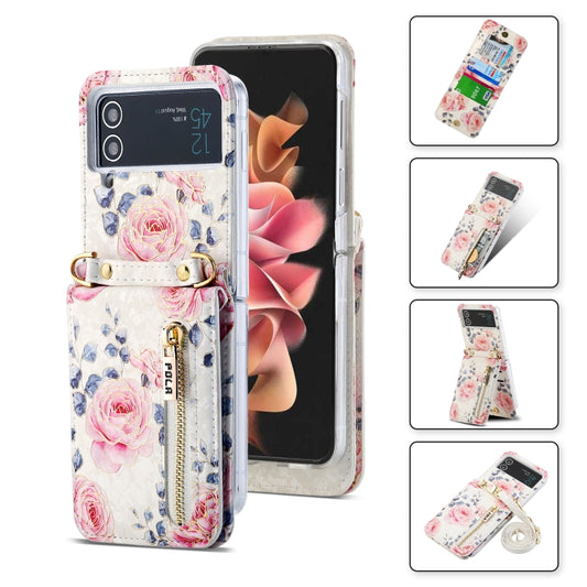 For Samsung Galaxy Z Flip3 5G POLA Rose Pattern Multi-Card Slots Zipper Wallet Phone Case(White) - Galaxy Phone Cases by POLA | Online Shopping UK | buy2fix