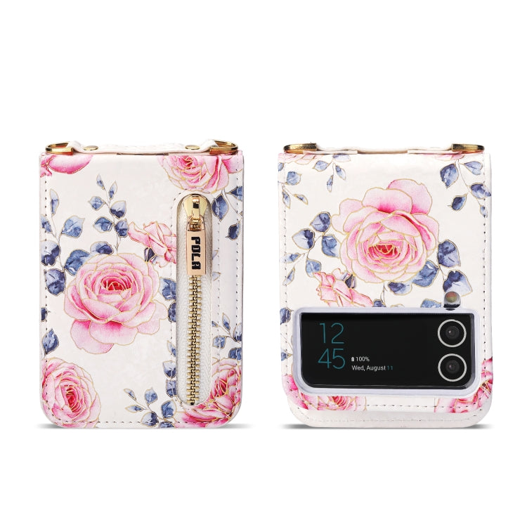 For Samsung Galaxy Z Flip3 5G POLA Rose Pattern Multi-Card Slots Zipper Wallet Phone Case(White) - Galaxy Phone Cases by POLA | Online Shopping UK | buy2fix