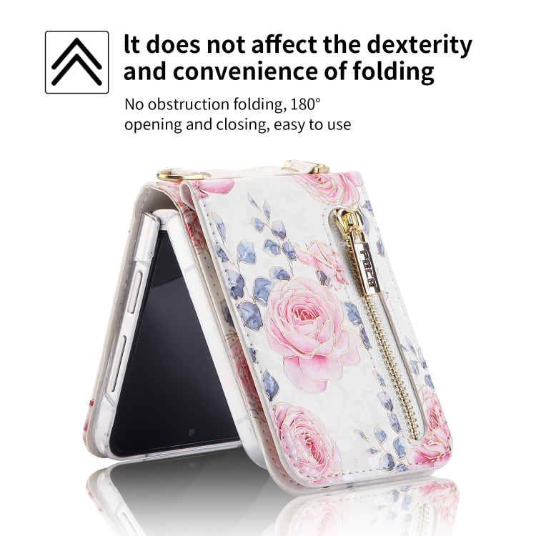 For Samsung Galaxy Z Flip3 5G POLA Rose Pattern Multi-Card Slots Zipper Wallet Phone Case(White) - Galaxy Phone Cases by POLA | Online Shopping UK | buy2fix