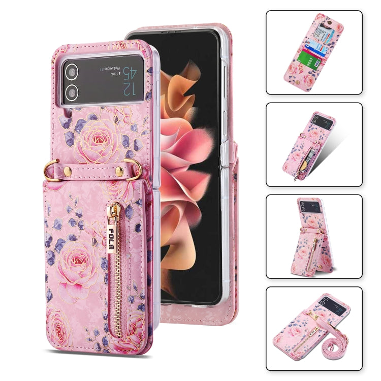 For Samsung Galaxy Z Flip3 5G POLA Rose Pattern Multi-Card Slots Zipper Wallet Phone Case(Pink) - Galaxy Phone Cases by POLA | Online Shopping UK | buy2fix