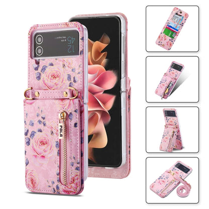 For Samsung Galaxy Z Flip3 5G POLA Rose Pattern Multi-Card Slots Zipper Wallet Phone Case(Pink) - Galaxy Phone Cases by POLA | Online Shopping UK | buy2fix