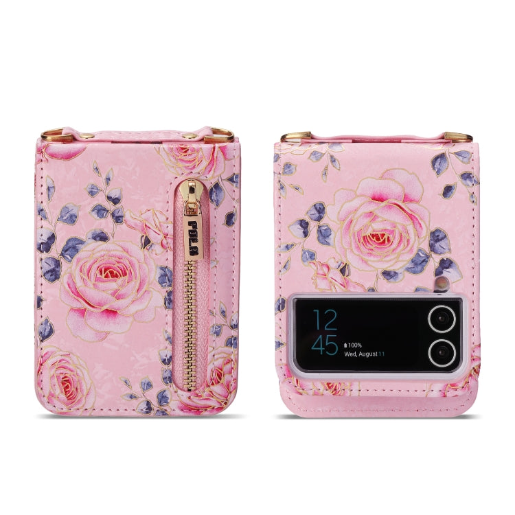 For Samsung Galaxy Z Flip3 5G POLA Rose Pattern Multi-Card Slots Zipper Wallet Phone Case(Pink) - Galaxy Phone Cases by POLA | Online Shopping UK | buy2fix