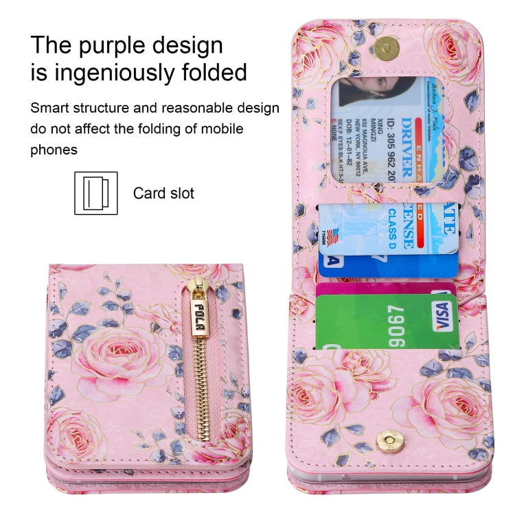 For Samsung Galaxy Z Flip3 5G POLA Rose Pattern Multi-Card Slots Zipper Wallet Phone Case(Pink) - Galaxy Phone Cases by POLA | Online Shopping UK | buy2fix