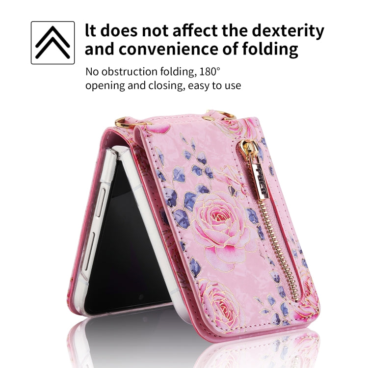 For Samsung Galaxy Z Flip3 5G POLA Rose Pattern Multi-Card Slots Zipper Wallet Phone Case(Pink) - Galaxy Phone Cases by POLA | Online Shopping UK | buy2fix