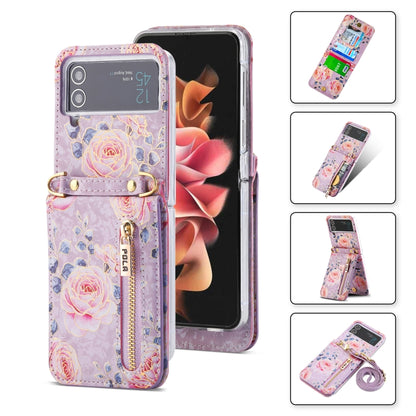 For Samsung Galaxy Z Flip3 5G POLA Rose Pattern Multi-Card Slots Zipper Wallet Phone Case(Purple) - Galaxy Phone Cases by POLA | Online Shopping UK | buy2fix