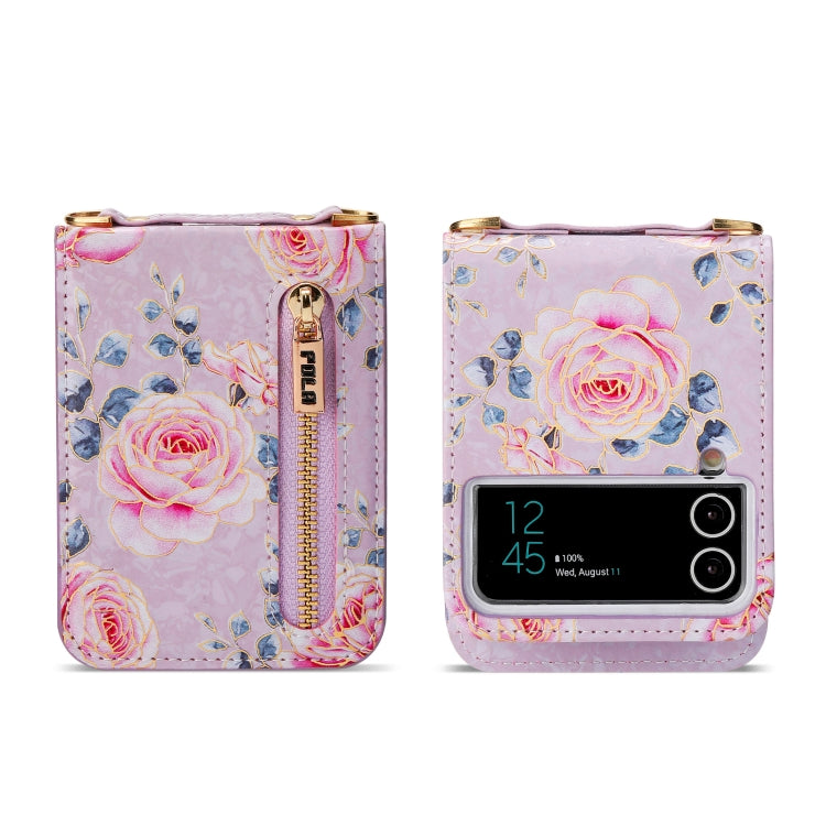 For Samsung Galaxy Z Flip3 5G POLA Rose Pattern Multi-Card Slots Zipper Wallet Phone Case(Purple) - Galaxy Phone Cases by POLA | Online Shopping UK | buy2fix