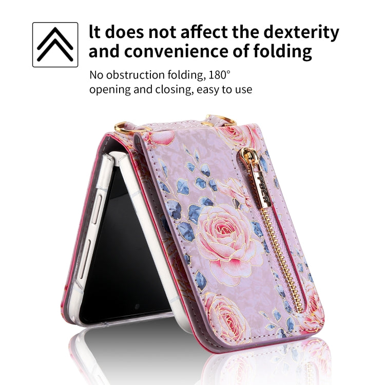 For Samsung Galaxy Z Flip3 5G POLA Rose Pattern Multi-Card Slots Zipper Wallet Phone Case(Purple) - Galaxy Phone Cases by POLA | Online Shopping UK | buy2fix