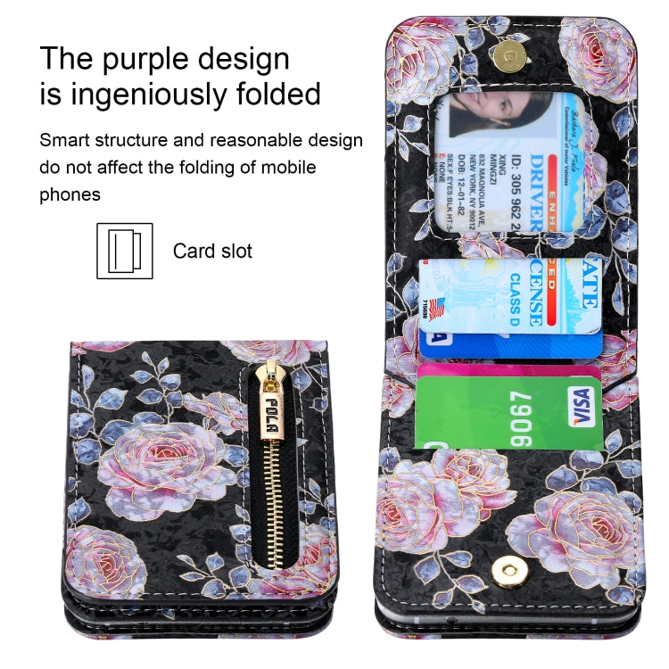 For Samsung Galaxy Z Flip3 5G POLA Rose Pattern Multi-Card Slots Zipper Wallet Phone Case(Black) - Galaxy Phone Cases by POLA | Online Shopping UK | buy2fix