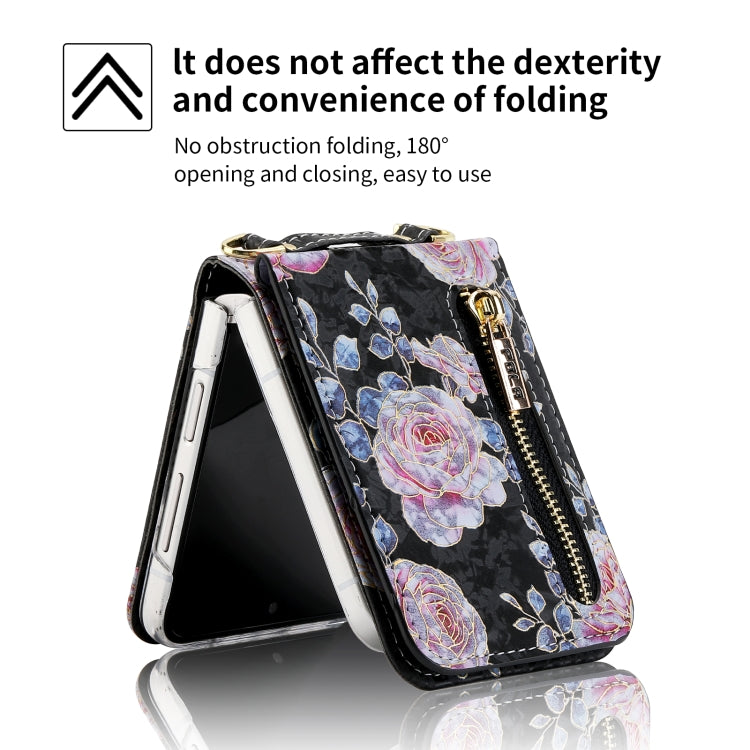 For Samsung Galaxy Z Flip3 5G POLA Rose Pattern Multi-Card Slots Zipper Wallet Phone Case(Black) - Galaxy Phone Cases by POLA | Online Shopping UK | buy2fix