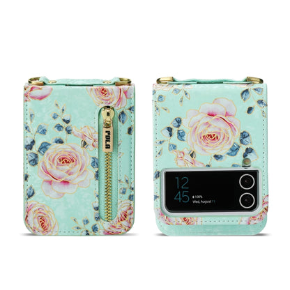 For Samsung Galaxy Z Flip3 5G POLA Rose Pattern Multi-Card Slots Zipper Wallet Phone Case(Cyan) - Galaxy Phone Cases by POLA | Online Shopping UK | buy2fix