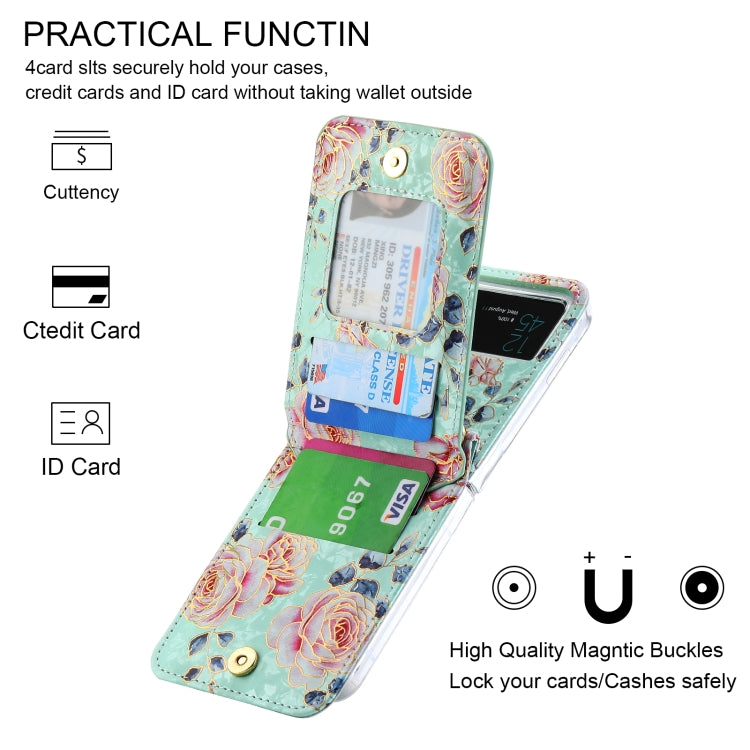 For Samsung Galaxy Z Flip3 5G POLA Rose Pattern Multi-Card Slots Zipper Wallet Phone Case(Cyan) - Galaxy Phone Cases by POLA | Online Shopping UK | buy2fix