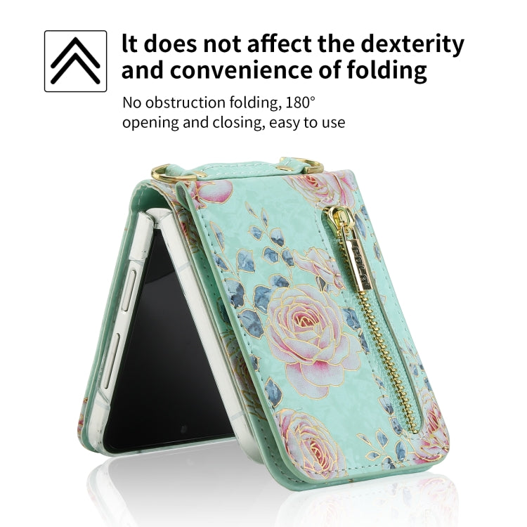 For Samsung Galaxy Z Flip3 5G POLA Rose Pattern Multi-Card Slots Zipper Wallet Phone Case(Cyan) - Galaxy Phone Cases by POLA | Online Shopping UK | buy2fix