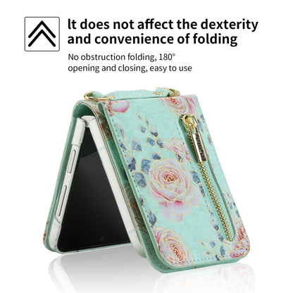 For Samsung Galaxy Z Flip3 5G POLA Rose Pattern Multi-Card Slots Zipper Wallet Phone Case(Cyan) - Galaxy Phone Cases by POLA | Online Shopping UK | buy2fix
