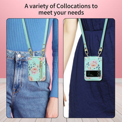 For Samsung Galaxy Z Flip3 5G POLA Rose Pattern Multi-Card Slots Zipper Wallet Phone Case(Cyan) - Galaxy Phone Cases by POLA | Online Shopping UK | buy2fix