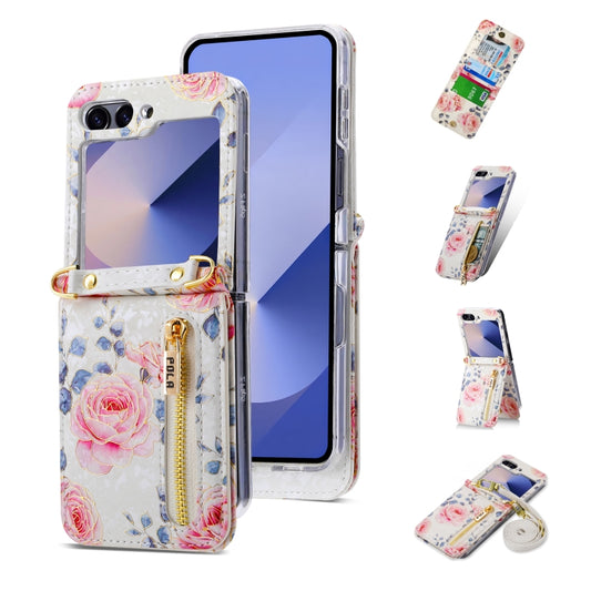 For Samsung Galaxy Z Flip6 / Flip7 FE POLA Rose Pattern Multi-Card Slots Zipper Wallet Phone Case(White) - Galaxy Z Flip6 5G Cases by POLA | Online Shopping UK | buy2fix