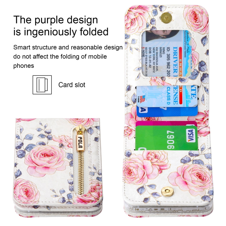 For Samsung Galaxy Z Flip6 / Flip7 FE POLA Rose Pattern Multi-Card Slots Zipper Wallet Phone Case(White) - Galaxy Z Flip6 5G Cases by POLA | Online Shopping UK | buy2fix