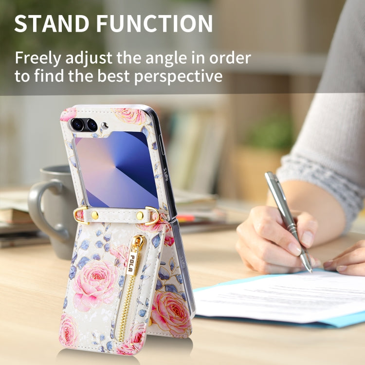 For Samsung Galaxy Z Flip6 / Flip7 FE POLA Rose Pattern Multi-Card Slots Zipper Wallet Phone Case(White) - Galaxy Z Flip6 5G Cases by POLA | Online Shopping UK | buy2fix