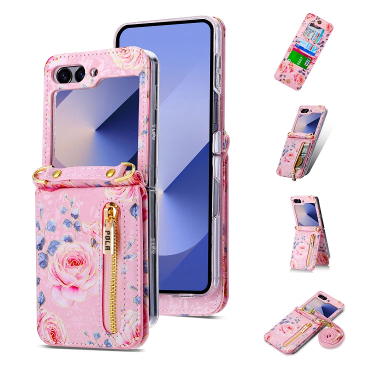 For Samsung Galaxy Z Flip6 / Flip7 FE POLA Rose Pattern Multi-Card Slots Zipper Wallet Phone Case(Pink) - Galaxy Z Flip6 5G Cases by POLA | Online Shopping UK | buy2fix