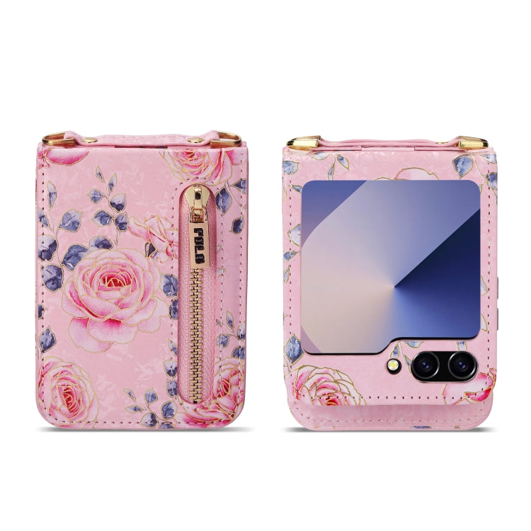 For Samsung Galaxy Z Flip6 / Flip7 FE POLA Rose Pattern Multi-Card Slots Zipper Wallet Phone Case(Pink) - Galaxy Z Flip6 5G Cases by POLA | Online Shopping UK | buy2fix