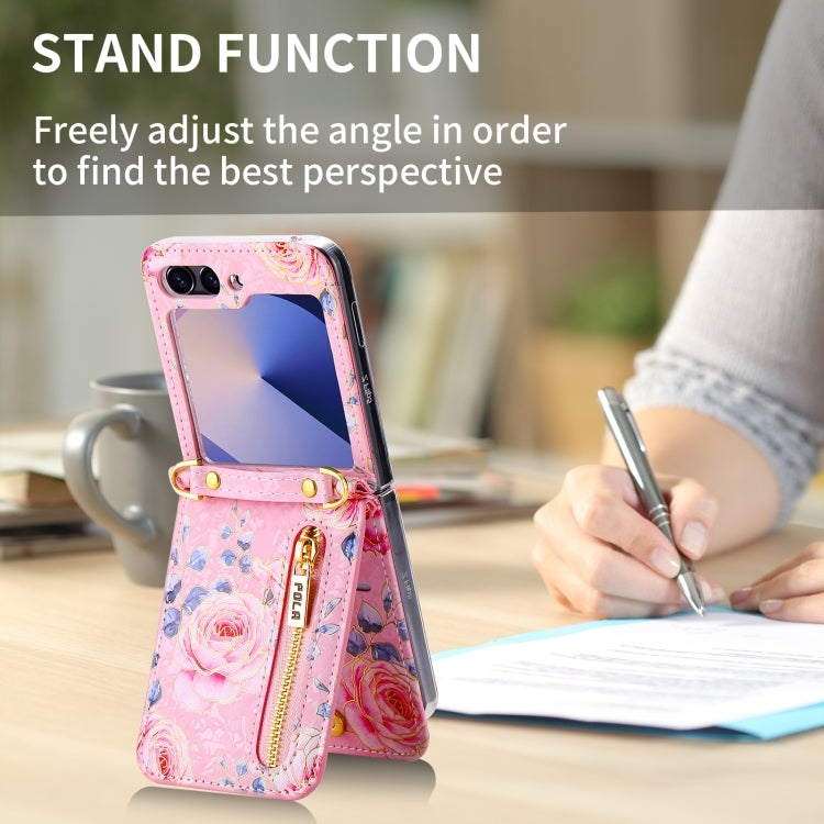 For Samsung Galaxy Z Flip6 / Flip7 FE POLA Rose Pattern Multi-Card Slots Zipper Wallet Phone Case(Pink) - Galaxy Z Flip6 5G Cases by POLA | Online Shopping UK | buy2fix
