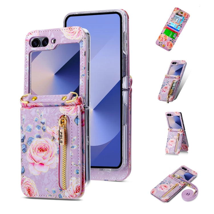 For Samsung Galaxy Z Flip6 / Flip7 FE POLA Rose Pattern Multi-Card Slots Zipper Wallet Phone Case(Purple) - Galaxy Z Flip6 5G Cases by POLA | Online Shopping UK | buy2fix
