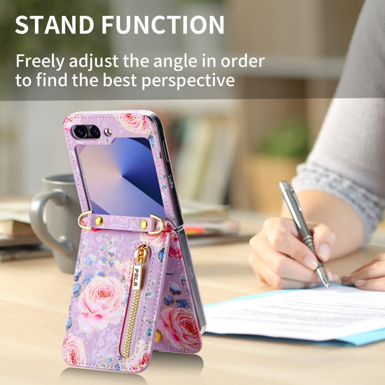 For Samsung Galaxy Z Flip6 / Flip7 FE POLA Rose Pattern Multi-Card Slots Zipper Wallet Phone Case(Purple) - Galaxy Z Flip6 5G Cases by POLA | Online Shopping UK | buy2fix